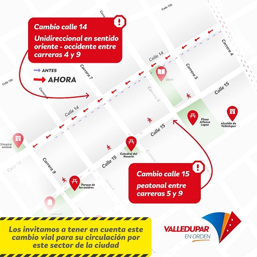 Alcaldía y Tránsito de Valledupar cambian sentido en tránsito vehicular de calle 14 entre carreras 4 y 9